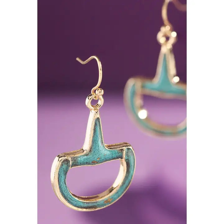 Equestrian horse bit drop earrings in gold and turquoise patina