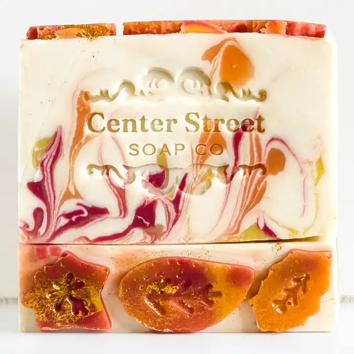 Autumn Vibes Bar Soap by Center Street Soap Co, front view with swirl design