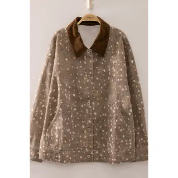 Taupe-brown Bambi Barn Jacket with light spotted pattern, dark brown collar, button front, and two patch pockets.