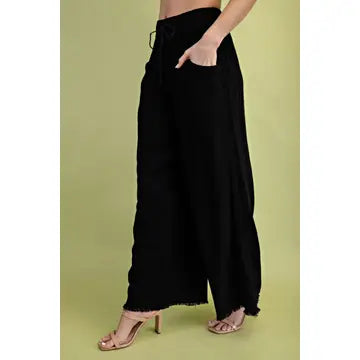 Black Linen Blend Wide Leg Pant
