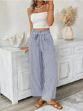 Blue pinstripe wide-leg trousers with paperbag waist and tie detail