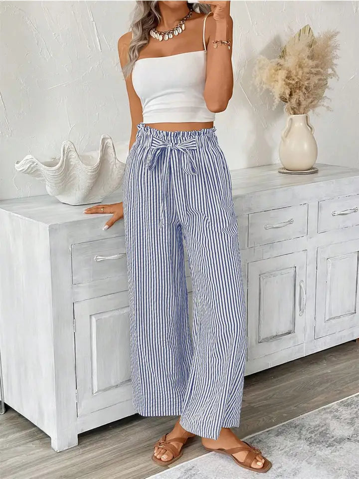 Blue pinstripe wide-leg trousers with paperbag waist and tie detail