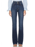 Dark stone wash high-rise bootcut jeans with a double-button waistband, styled with a striped blouse