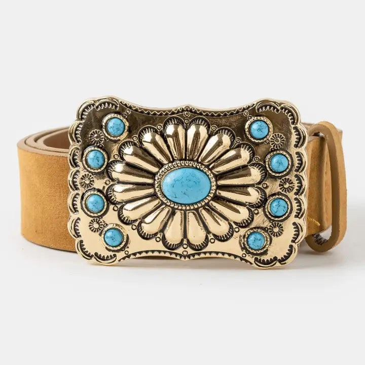 Brown faux suede Western belt with a gold-tone floral buckle and turquoise-colored accents