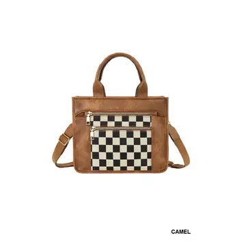 Checkered Canvas Tote in Camel