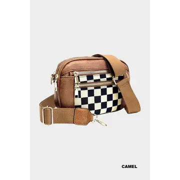 Checkered Crossbody Bag in Camel