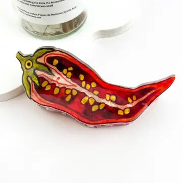 Chili Slice Claw Clip in glossy red translucent resin showing chili pepper cross-section with yellow seeds and green stem