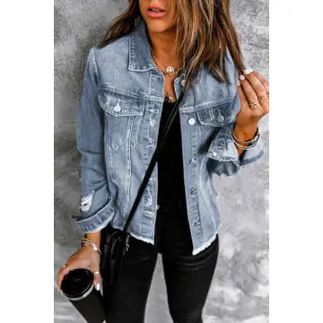 Seaside Distressed Raw Hem Denim Jacket