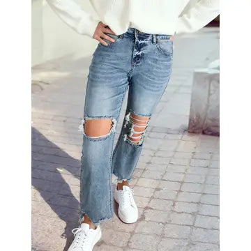 Ripped Open Knee Cropped Mid Wash Jeans