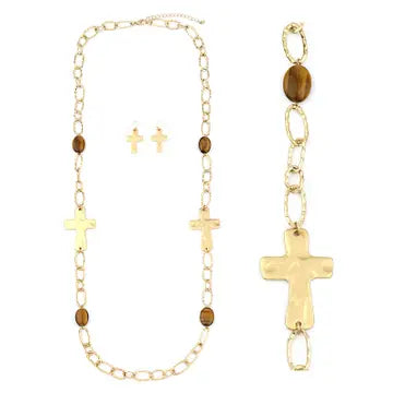 Gold-tone cross chain set with necklace, bracelet, and cross stud earrings featuring tiger's eye stones