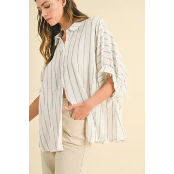 Drop shoulder striped blouse in sage and cream with button-front collar