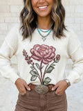 Western Floral Drop Shoulder Knit Sweater in cream with rose graphic