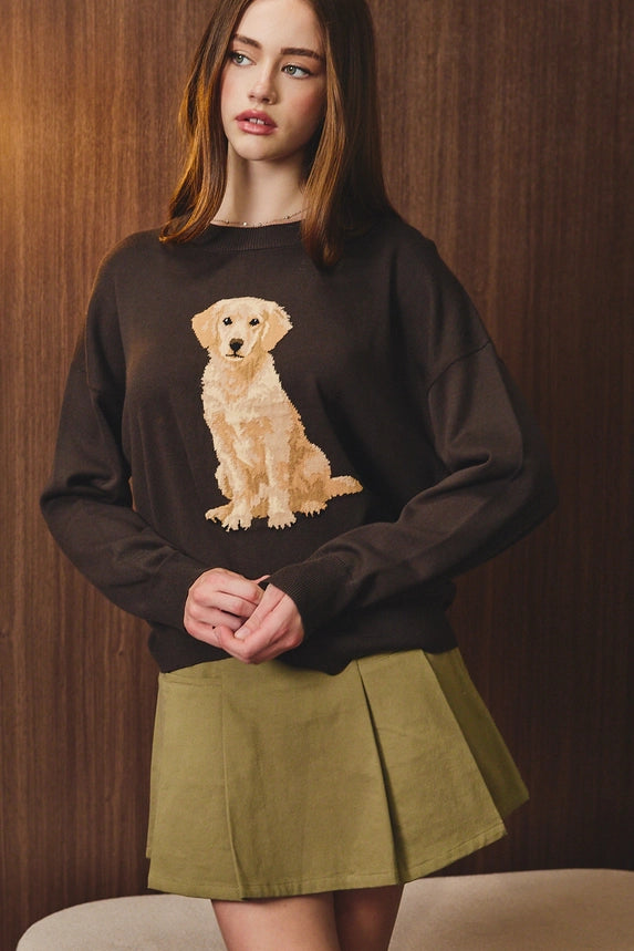 Model wearing a dark crewneck Golden Boy Sweater with a golden dog motif, styled with an olive pleated skirt