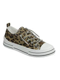 Leopard-print low-top canvas sneaker with shimmering dazzle laces, a white toe cap, and a striped white sole