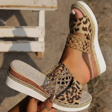 Leopard Woven Strap Wedge