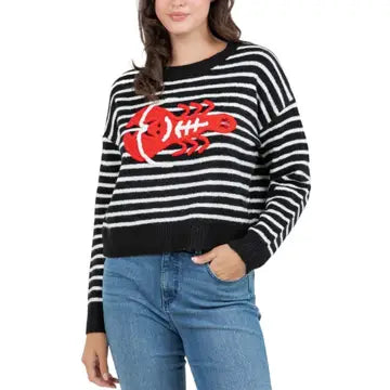 Black and white striped sweater with red lobster graphic