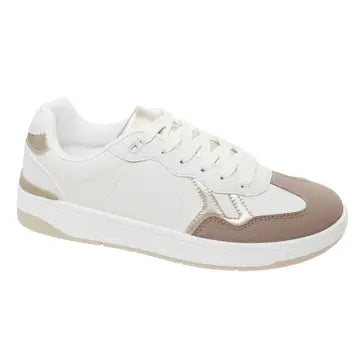 Maxine Sneaker in white with taupe-toned accents, white laces, and a white sole