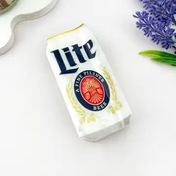 Miller Lite beer can claw clip in white with classic navy and red logo design