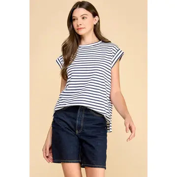 Navy and white striped boat neck top with cap sleeves