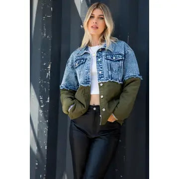 Blue acid-wash denim and olive quilted mix jacket with a collar, button front, and chest flap pockets