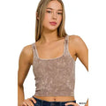 Mocha ribbed cropped tank with a gently squared neckline, shown on a model