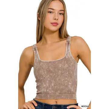 Mocha ribbed cropped tank with a gently squared neckline, shown on a model