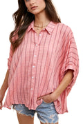 Coral Drop Shoulder Gauzy Striped Top - front view