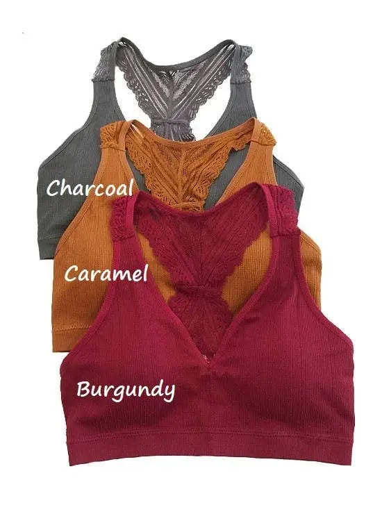 Burgundy Lace Trimmed Racerback Bralette - color options