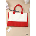 Red and cream canvas shopper tote with nautical striped bow detail