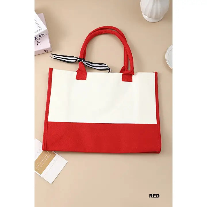 Red and cream canvas shopper tote with nautical striped bow detail