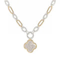 Two-tone rhinestone link chain necklace with a pave crystal quatrefoil clover pendant