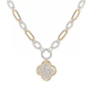 Two-tone rhinestone link chain necklace with a pave crystal quatrefoil clover pendant