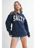 Navy Salty graphic pullover sweatshirt with cream block lettering, crew neckline, and ribbed cuffs and hem