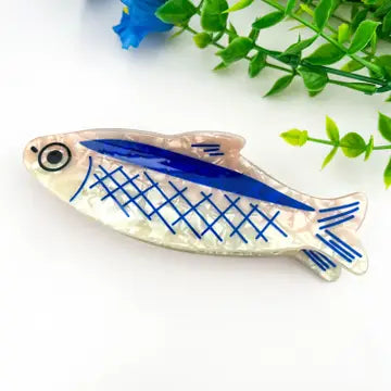 Oversized Sardine Claw Clip in pearlescent white with blue painted fin and scale details