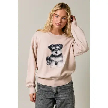 Pale neutral long-sleeve sweater with a black-and-gray schnauzer motif, round neckline, and ribbed cuffs and hem