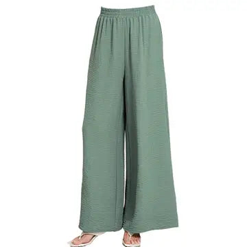 Sea moss green wide leg pants with elastic waist and crinkle texture