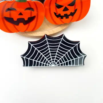 Spider Web Claw Clip in glossy black acrylic with white spider web design