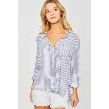 Blue and white striped roll-up button-down shirt with chest pockets