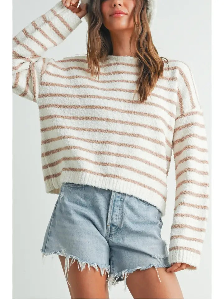 Cozy Striped Knit Sweater in taupe and cream stripes, front view