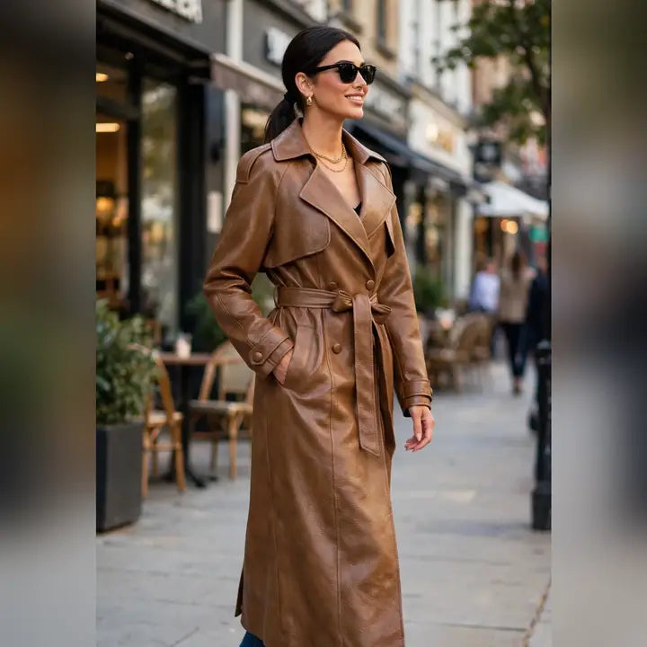 Caramel-brown faux leather trench coat with wide lapels, a matching waist tie belt, and front pockets.