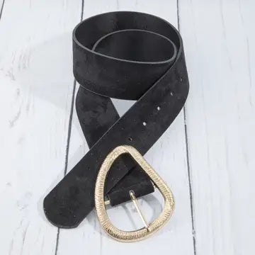 Black vegan suede belt with adjustment holes and a textured gold-tone rounded triangular buckle
