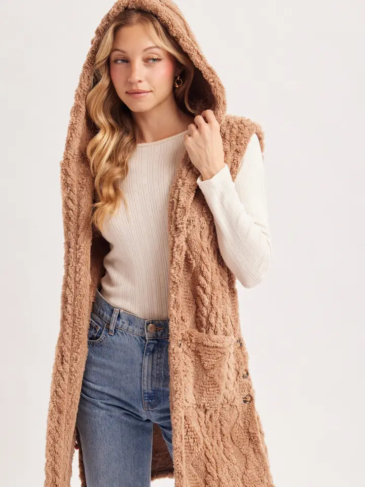 Cable Knit Sweater Hooded Vest in camel teddy texture
