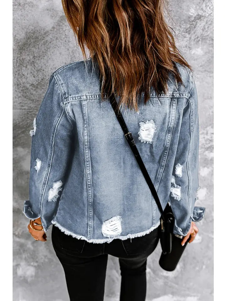Seaside Distressed Raw Hem Denim Jacket