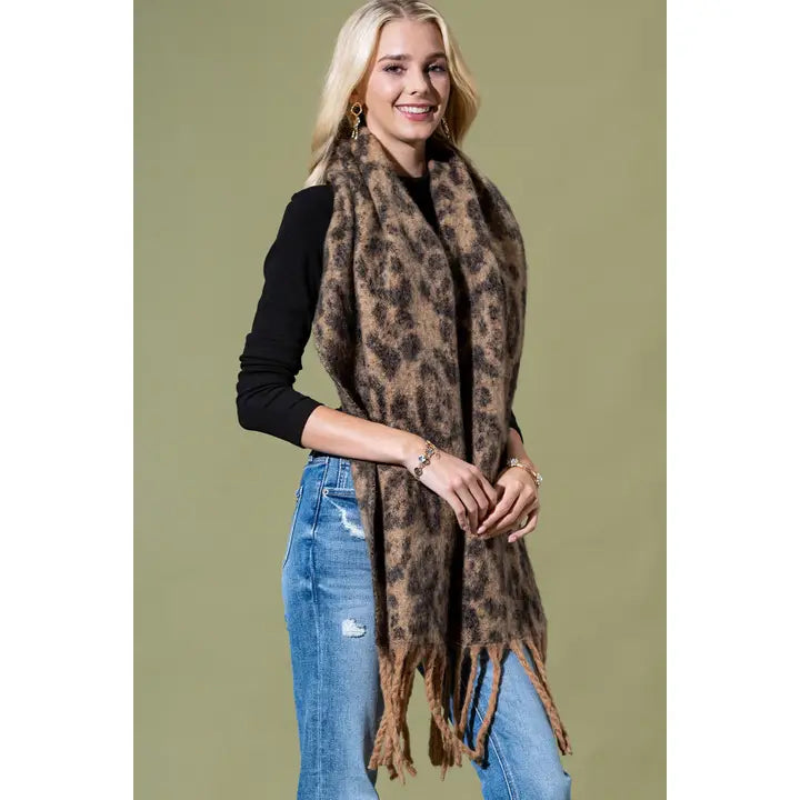 Leopard Print Fringe Scarf