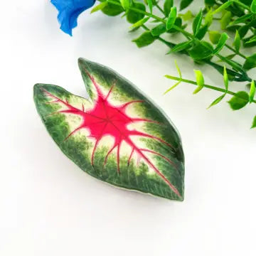 Pink Monstera Claw Clip shaped like a caladium leaf in deep forest green with hot pink and red starburst radiating vein pattern