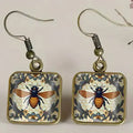 Retro Bee square glass dome earrings with vintage honeybee botanical illustration in antique bronze setting