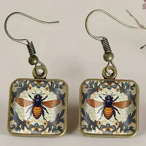 Retro Bee square glass dome earrings with vintage honeybee botanical illustration in antique bronze setting