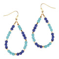 Multi Blue Beaded Teardrop hoop earrings with navy and aqua crystal disco beads on gold French hooks