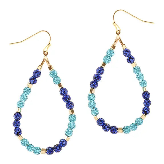 Multi Blue Beaded Teardrop hoop earrings with navy and aqua crystal disco beads on gold French hooks
