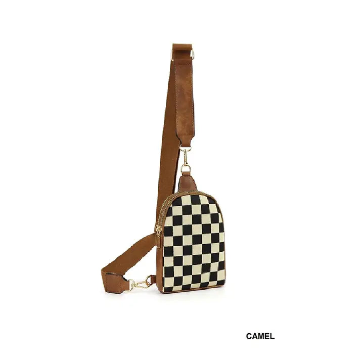 Checkered Crossbody Sling in Camel
